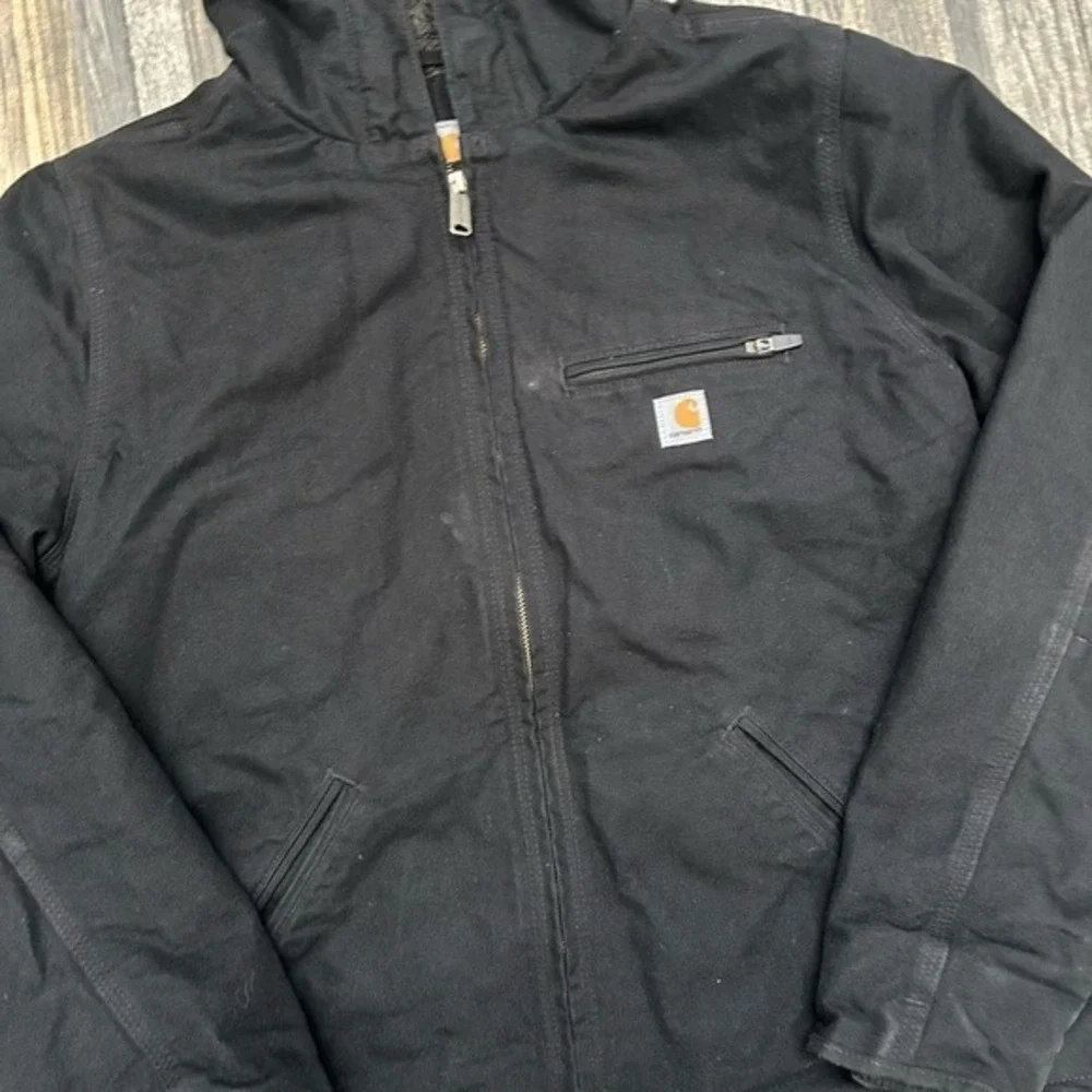 🔥 CARHARTT‎ Black Washed Duck Sherpa-Lined Canvas Hooded Jacket Women Lg - EUC